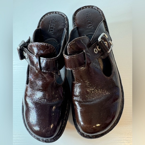 Born Della Women's Patent Leather Brown Mules Clogs T-Strap Buckle New Boho - Picture 7 of 9